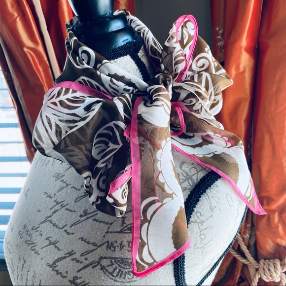 Chiffon Hawaiian White Paisley Print Brown Pink Border Sheer Neck Purse Scarf OS - Picture 1 of 16